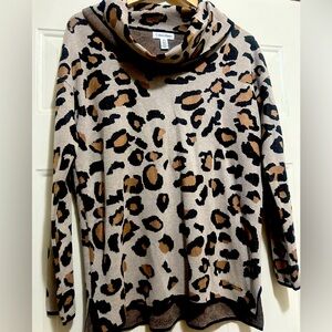 Calvin Klein sweater large cowl neck pullover leopard print tunic black tan!